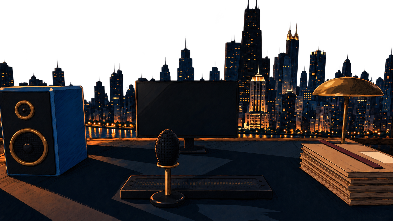 A hand-inked office overlooking Chicago at dusk, with a blue speaker, monitor and legal files on the desk.